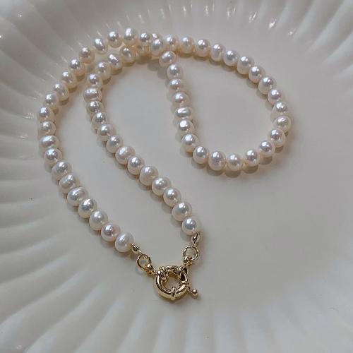 Freshwater Pearl Brass Necklace, with Brass, Potato, plated, fashion jewelry, more colors for choice, 5x6mm, Sold By Strand