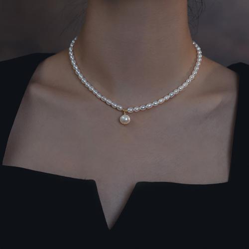 Natural Freshwater Pearl Necklace, with Brass, Rice, 14K gold plated, fashion jewelry, more colors for choice, Sold By Strand