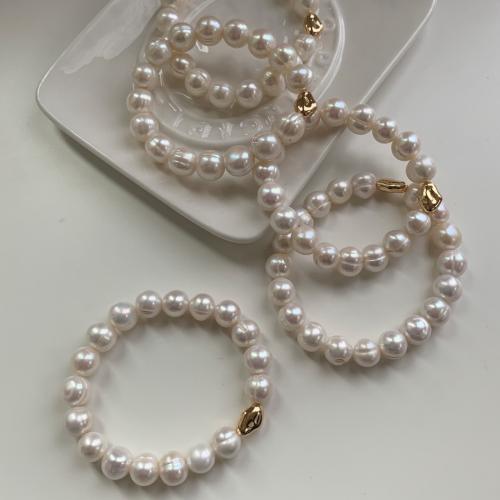 Bracelet en perles de culture d'eau douce, perle d'eau douce cultivée, avec laiton, Baroque, Placage, bijoux de mode, blanc, 8x9mm, Vendu par brin