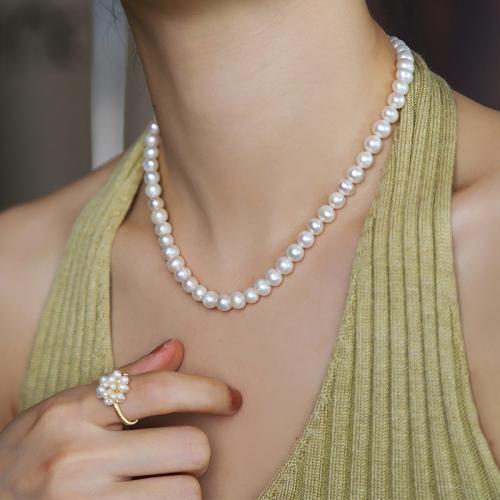 Natural Freshwater Pearl Necklace, with Brass, Potato, 14K gold plated, fashion jewelry, white, 220x110x50mm, Sold By Strand
