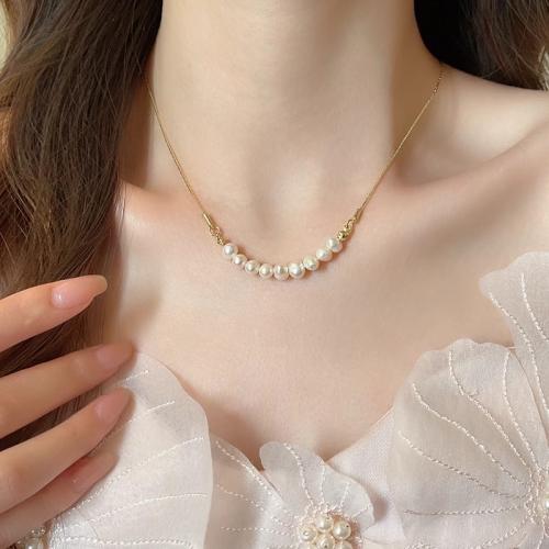 Natural Freshwater Pearl Necklace, with Titanium Steel, Baroque, gold color plated, fashion jewelry, white, 4x5mm, Sold By Strand
