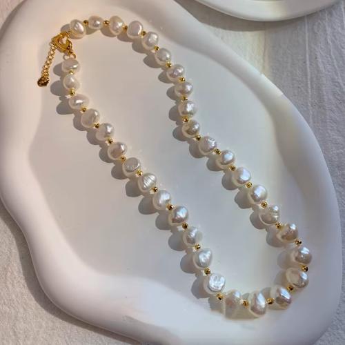 Freshwater Pearl Brass Necklace, with Brass, Baroque, plated, fashion jewelry, more colors for choice, 8x9mm, Sold By Strand