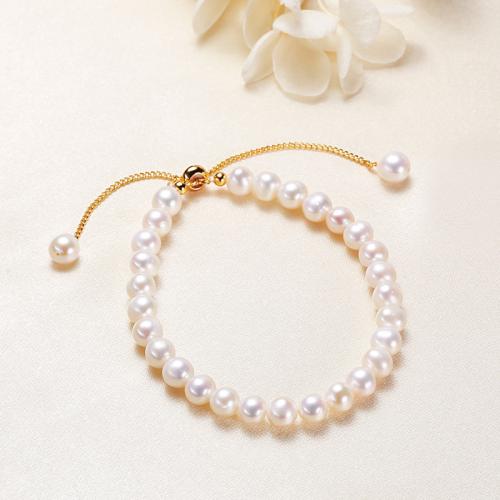 Freshwater Cultured Pearl Bracelet, Freshwater Pearl, with Brass, Slightly Round, plated, fashion jewelry, more colors for choice, 5x6mm, Sold By Strand