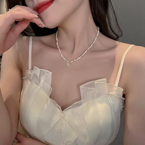 Natural Freshwater Pearl Necklace, with White Shell & Tibetan Style, Baroque, gold color plated, fashion jewelry, more colors for choice, 210x120x50mm, Sold By Strand