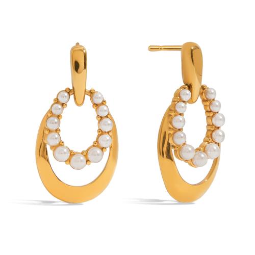 Stainless Steel Drop Earring, 304 Stainless Steel, with Plastic Pearl, plated, fashion jewelry & for woman & hollow, golden, Sold By Pair