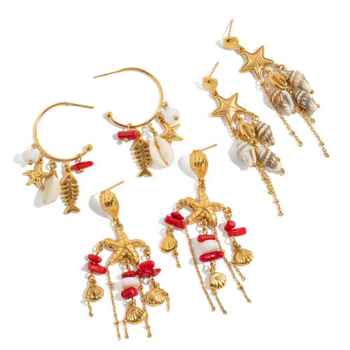 Fringe pendientes de la manera, acero inoxidable 304, con Coral sintético & Nácar Trompeta, chapado, Joyería & diferentes materiales para la opción & para mujer, dorado, Vendido por Par