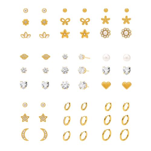 Stainless Steel Stud Earrings, 304 Stainless Steel, with Plastic Pearl, 18K gold plated, three pieces & different styles for choice & micro pave cubic zirconia & for woman, Sold By Set