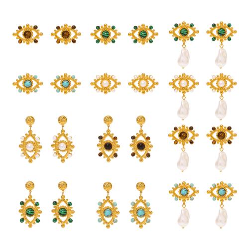 Pendientes de Acero Inoxidable, acero inoxidable 304, con Piedra preciosa sintética & Perlas plásticas, 18K chapado en oro, diferentes materiales para la opción & diferentes estilos para la opción & para mujer & hueco, Vendido por Par