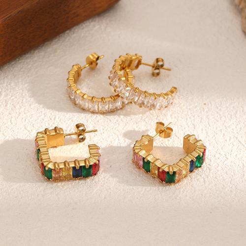 Stainless Steel Stud Earrings, 304 Stainless Steel, gold color plated, fashion jewelry & with rhinestone, golden, Sold By Pair