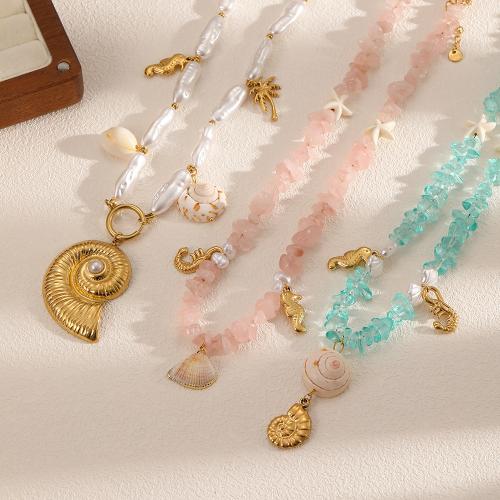 Crystal Necklace, with Shell & Rose Quartz & Plastic Pearl & 304 Stainless Steel, plated, fashion jewelry, more colors for choice, Sold By PC