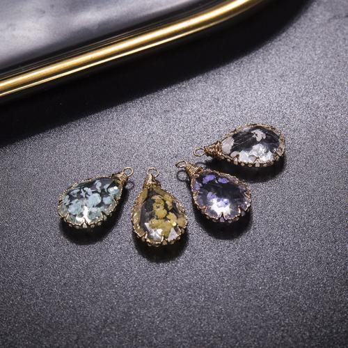 Resin Pendant, with Dried Flower & Brass, Teardrop, plated, DIY, more colors for choice, 13x18mm, Sold By PC