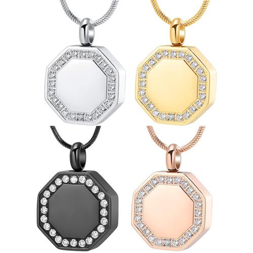 Acier inoxydable 304 Pendentif cercueil cinéraires, hexagone, Placage, peut s’ouvrir et mettre dans quelque chose & unisexe & avec strass, plus de couleurs à choisir, Vendu par PC