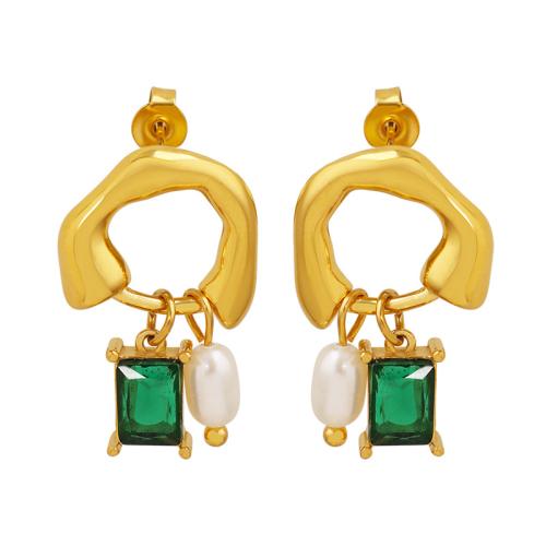 Pendiente de acero de titanio, Partículas de acero, con Piedra de vidrio & Perlas cultivadas de agua dulce, chapado, Joyería & para mujer & hueco, dorado, Vendido por Par