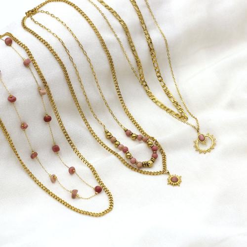 Stainless Steel Jewelry Necklace, 304 Stainless Steel, with Rhodochrosite, gold color plated, fashion jewelry, more colors for choice, Sold By PC