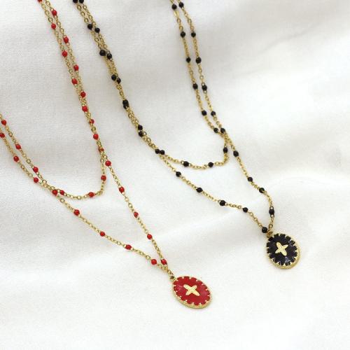 Stainless Steel Jewelry Necklace, 304 Stainless Steel, gold color plated, Double Layer & fashion jewelry & enamel, more colors for choice, Sold By PC