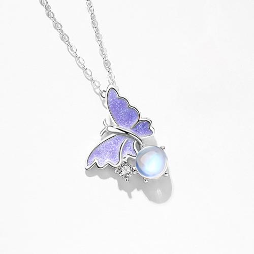 925 Sterling Silver Necklace, with Lampwork, Butterfly, different styles for choice & for woman & enamel & with rhinestone, Length:Approx 16-18 Inch, Sold By PC