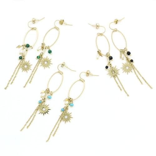 Fashion Fringe Earrings, 304 Stainless Steel, with turquoise & Malachite & Black Agate, gold color plated, fashion jewelry, more colors for choice, Sold By Pair
