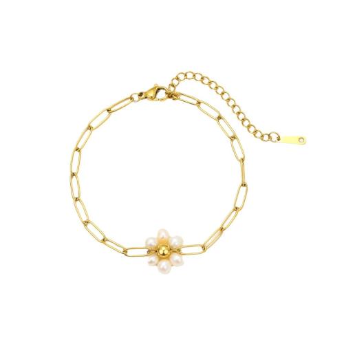 Stainless Steel Jewelry Bracelet, 304 Stainless Steel, with Plastic Pearl, 18K gold plated, fashion jewelry & different styles for choice & for woman, Sold By PC