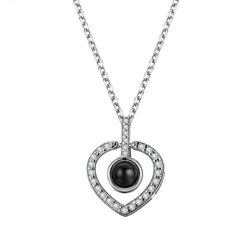 925 Sterling Silver Miniature Projection Necklace, Heart, cross chain & Unisex & with rhinestone & hollow, more colors for choice, Length:Approx 16-20 Inch, Sold By PC