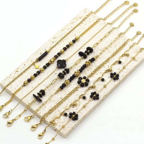 Stainless Steel Jewelry Bracelet, 304 Stainless Steel, with Obsidian & Black Agate, gold color plated, fashion jewelry, more colors for choice, 170x120x10mm, Sold By PC