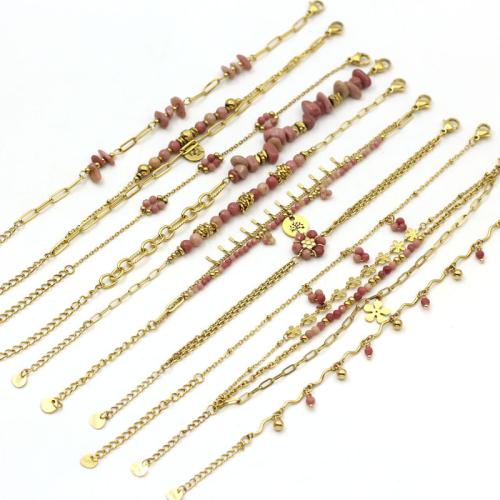 Bijoux bracelet en acier inoxydable, Acier inoxydable 304, avec rhodonite, Placage de couleur d'or, bijoux de mode, plus de couleurs à choisir, 170x120x10mm, Vendu par PC