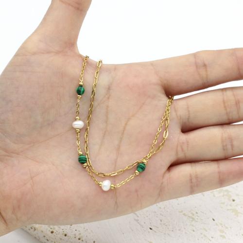 Stainless Steel Jewelry Bracelet, 304 Stainless Steel, with Natural Stone & Plastic Pearl, gold color plated, Double Layer & fashion jewelry, more colors for choice, Sold By PC