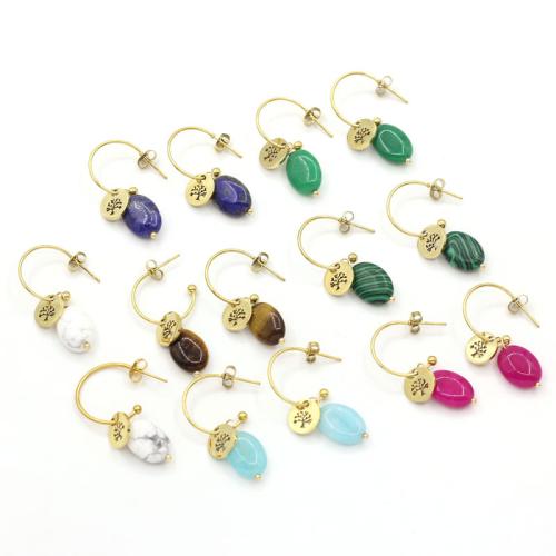 Stainless Steel Drop Earring, 304 Stainless Steel, with Natural Stone & Crystal, gold color plated, fashion jewelry, more colors for choice, Sold By Pair