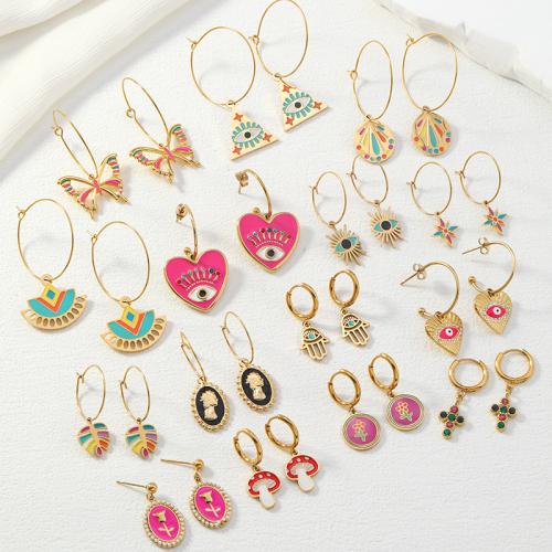 Stainless Steel Drop Earring, 304 Stainless Steel, with Plastic Pearl, gold color plated, fashion jewelry & enamel & with rhinestone, more colors for choice, Sold By Pair