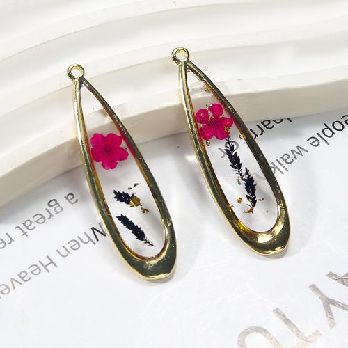 Brass Jewelry Pendants, with Dried Flower & Resin, Teardrop, gold color plated, DIY, mixed colors, nickel, lead & cadmium free, 13.63x2.74x48.27mm, Sold By PC