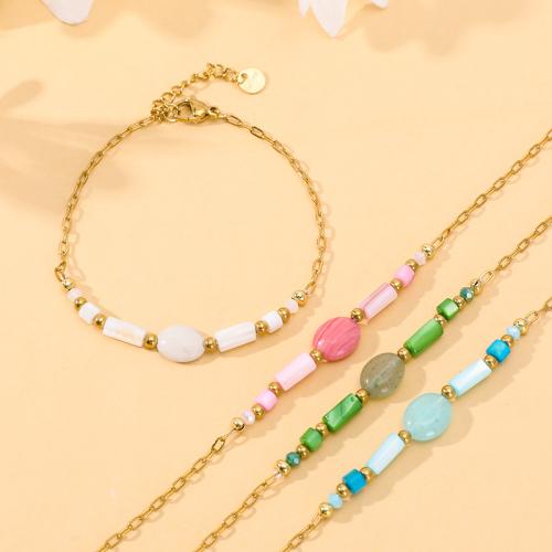 Gemstone Bracelets, 304 Stainless Steel, with Natural Stone & Pearl Shell & Crystal, gold color plated, fashion jewelry, more colors for choice, Sold By PC