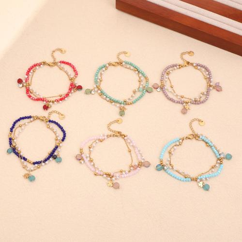 Fashion Bracelet & Bangle Jewelry, 304 Stainless Steel, with Natural Gravel & Crystal & Plastic Pearl, gold color plated, fashion jewelry & multilayer & with rhinestone, more colors for choice, Sold By PC