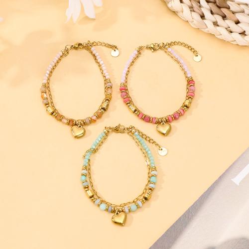 Fashion Bracelet & Bangle Jewelry, 304 Stainless Steel, with Natural Stone & Lava & Hematite & Crystal, gold color plated, Double Layer & fashion jewelry, more colors for choice, Sold By PC