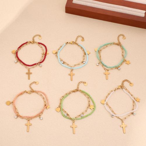 Bracelets de cristal, Acier inoxydable 304, avec cristal & strass, Placage de couleur d'or, Double couche & bijoux de mode, plus de couleurs à choisir, Vendu par PC