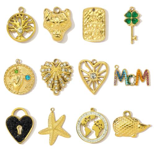 Titanium Steel Pendants, plated, DIY & micro pave cubic zirconia & with rhinestone, more colors for choice, 3PCs/Bag, Sold By Bag