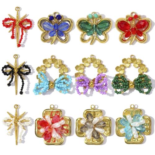 Titanium Steel Pendants, with Glass Beads & ABS Plastic Pearl, plated, DIY & with rhinestone, more colors for choice, 3PCs/Bag, Sold By Bag