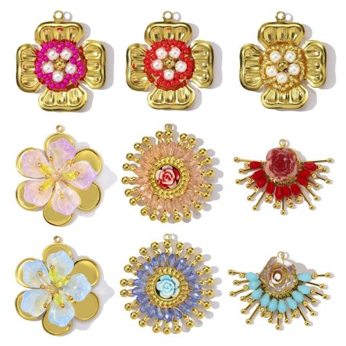 Titanium Steel Pendants, with Glass Beads & ABS Plastic Pearl & Resin, plated, DIY & with rhinestone, more colors for choice, 3PCs/Bag, Sold By Bag