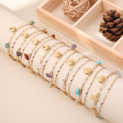 Bracelets de pierres précieuses, Acier inoxydable 304, avec Pierre naturelle, Placage de couleur d'or, Double couche & bijoux de mode, plus de couleurs à choisir, Vendu par PC