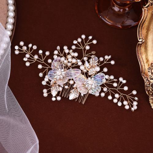Bridal Decorative Hair Comb, Tibetan Style, with brass wire & Plastic Pearl, handmade, fashion jewelry & for woman & with rhinestone, golden, 170x85mm, Sold By PC