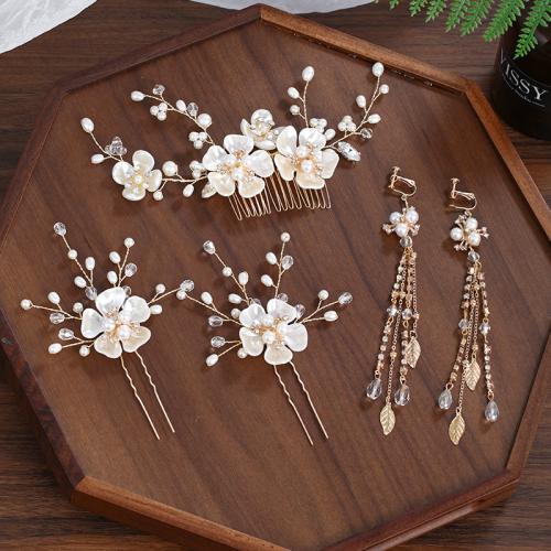 Tibetan Style Hair Jewelry Set, hair comb & hair stick & earring, with brass wire & Polymer Clay & Plastic Pearl, handmade, 4 pieces & for woman & with rhinestone, golden, Sold By Set