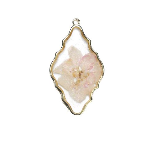 Tibetan Style Pendant, with Dried Flower & Resin, Rhombus, gold color plated, DIY, two different colored, 27.02x3.02x48.34mm, Sold By PC