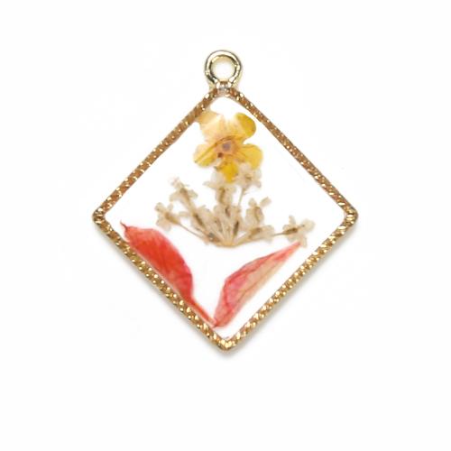 Brass Pendant, with Dried Flower & Resin, Rhombus, plated, DIY, mixed colors, nickel, lead & cadmium free, 25.52x3.27x29.78mm, Sold By PC