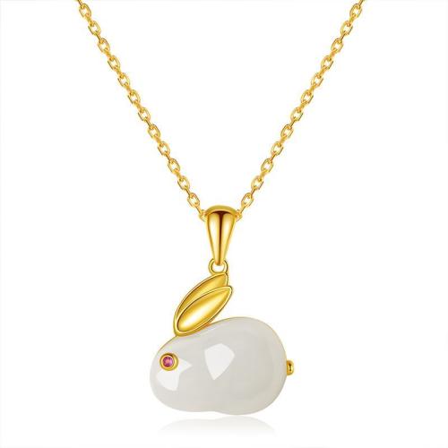 Brass Necklace, with Hetian Jade, Rabbit, plated, fashion jewelry & with rhinestone, mixed colors, nickel, lead & cadmium free, 16+3cm, Length:Approx 40 cm, Sold By PC