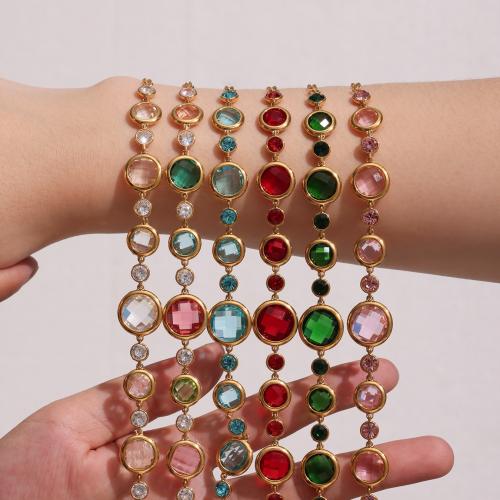 Glass Beads Bracelet, 304 Stainless Steel, with Glass Stone, gold color plated, fashion jewelry & micro pave cubic zirconia, more colors for choice, Sold By PC