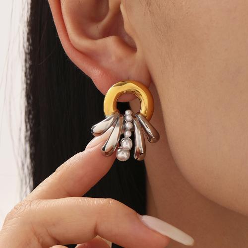 Stainless Steel Drop Earring, 304 Stainless Steel, with Plastic Pearl, gold color plated, fashion jewelry, more colors for choice, Sold By Pair