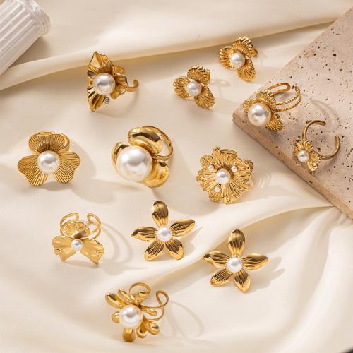 Stainless Steel Finger Ring, 304 Stainless Steel, with Plastic Pearl, gold color plated, fashion jewelry, more colors for choice, Sold By PC