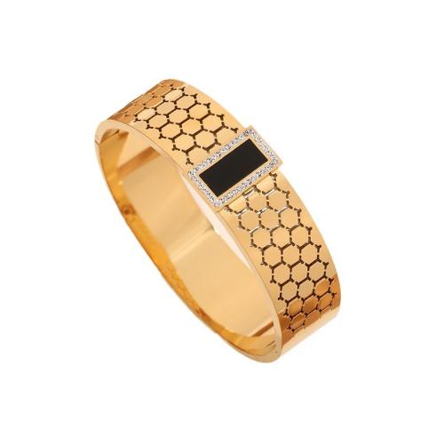Titanium Steel Bangle, with Acrylic, gold color plated, for woman & with rhinestone & hollow, Inner diameter :50x60mm, Sold By PC