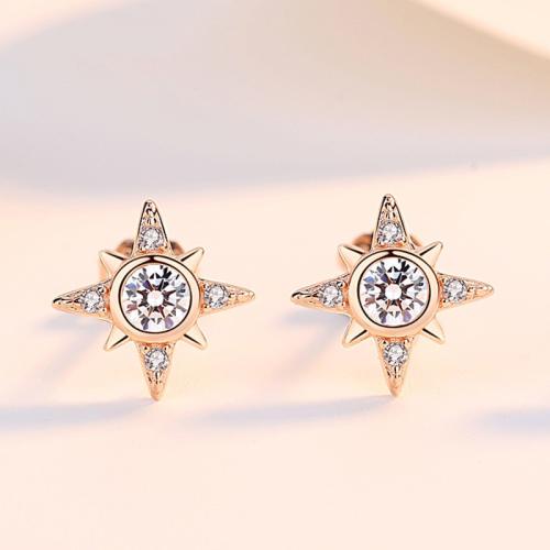 Cubic Zirconia Micro Pave Brass Earring, Eight Point Star, plated, fashion jewelry & micro pave cubic zirconia, rose gold color, 8x8mm, Sold By Pair