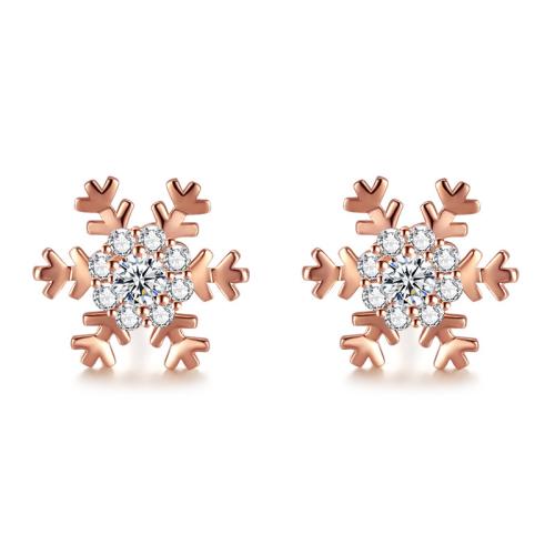 Brass Stud Earring, Snowflake, plated, fashion jewelry & with rhinestone, more colors for choice, nickel, lead & cadmium free, 13x9x4.50mm, Sold By PC