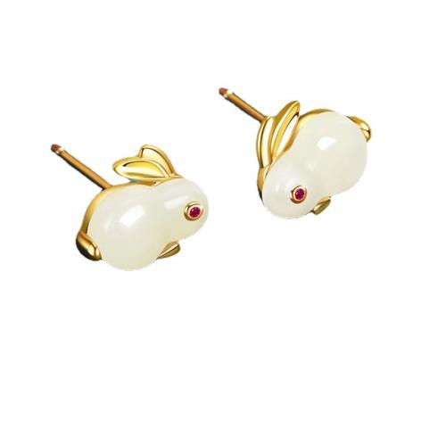 Brass Stud Earring, Rabbit, plated, fashion jewelry & with rhinestone, mixed colors, 14x14mm, Sold By Pair