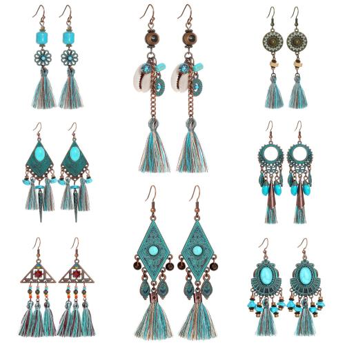 Tibetan Style Tassel Earring, with Cotton Thread & Turquoise & Shell, plated, folk style & different styles for choice & for woman & enamel, earring length 70-100mm, Sold By Pair